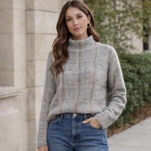 Rachel Zoe Neutral Mock Neck Knit Sweater Cream Gray Cozy Chic M